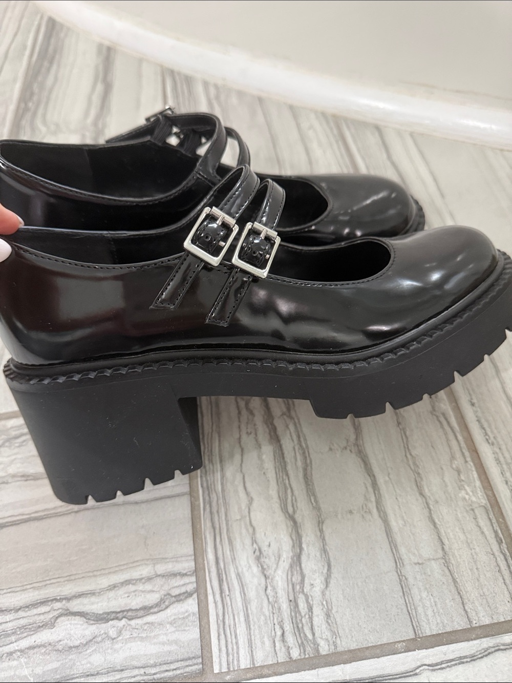 Madden Girl Black Patent Double-Buckle Platform Heels